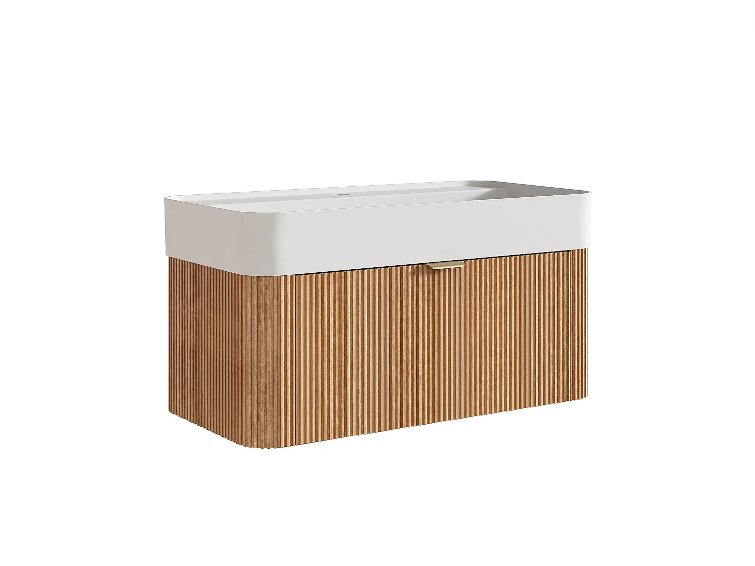 Meuble de salle de bain suspendu strié en bois de frêne avec vasque à encastrer en résine blanc mat - Naturel clair - 80 cm - BULMAS