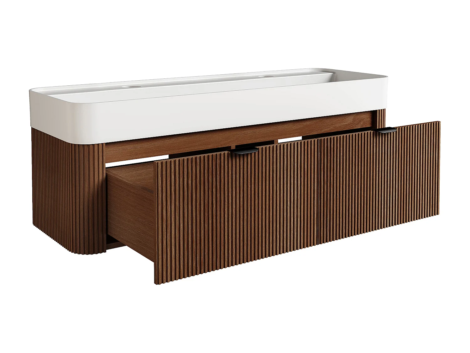 Meuble de salle de bain suspendu strié en bois de frêne avec double vasque à encastrer en résine blanc mat - Naturel foncé - 120 cm - BULMAS