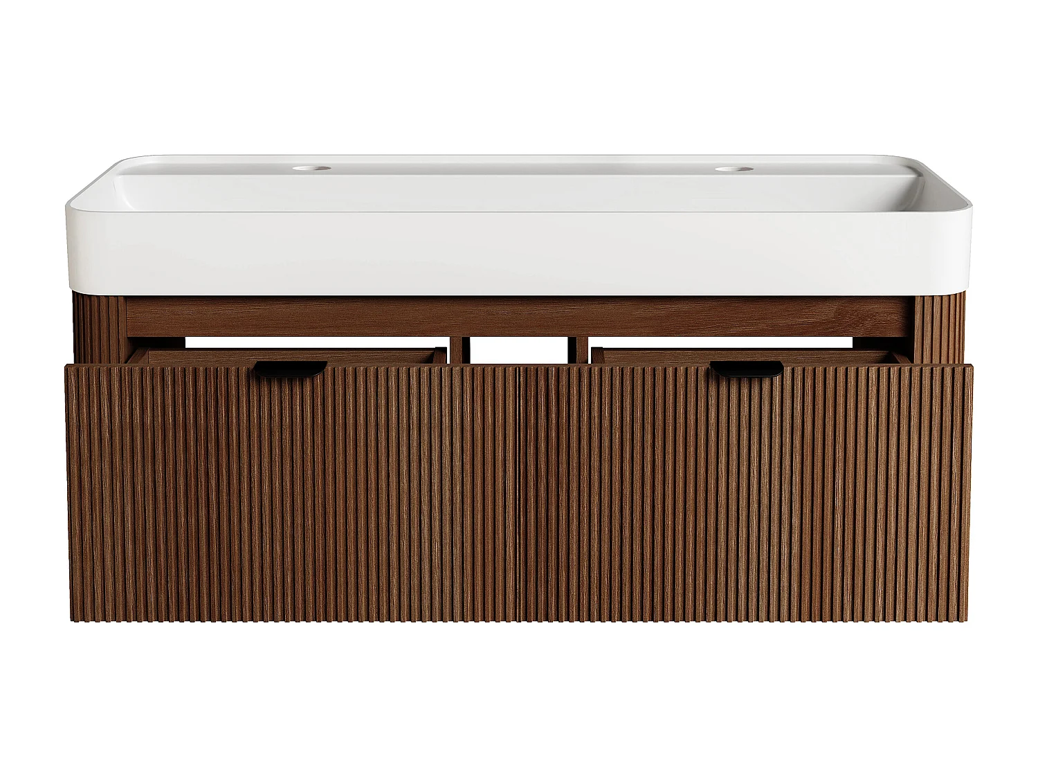Meuble de salle de bain suspendu strié en bois de frêne avec double vasque à encastrer en résine blanc mat - Naturel foncé - 120 cm - BULMAS