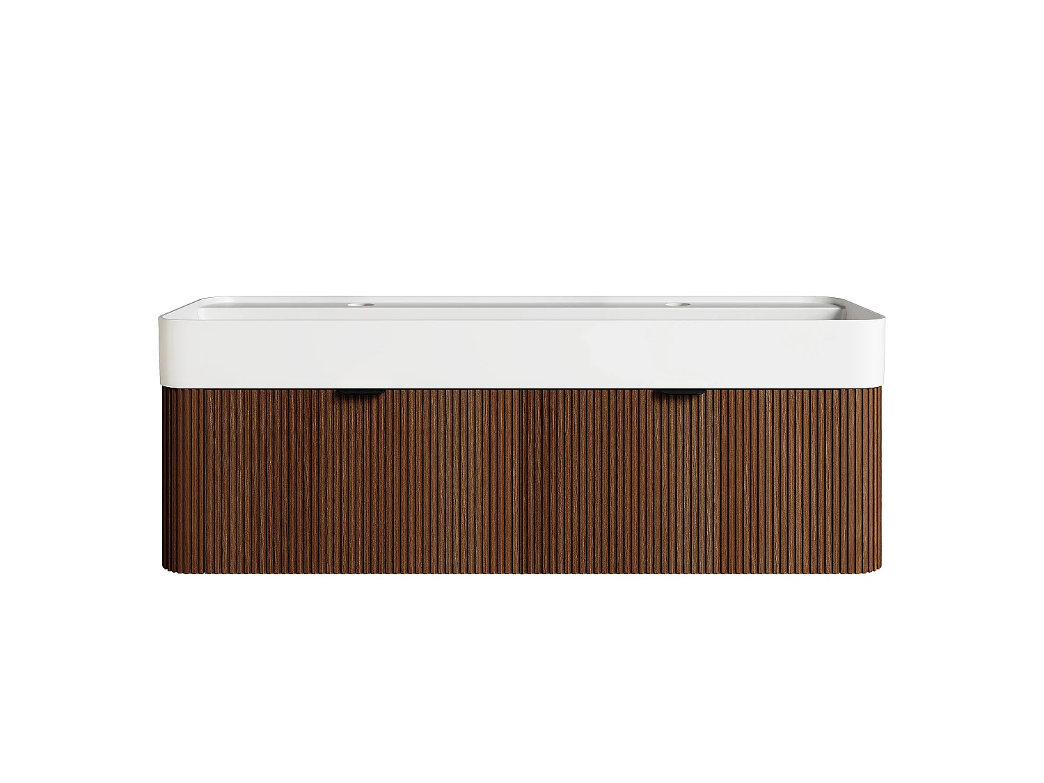 Meuble de salle de bain suspendu strié en bois de frêne avec double vasque à encastrer en résine blanc mat - Naturel foncé - 120 cm - BULMAS