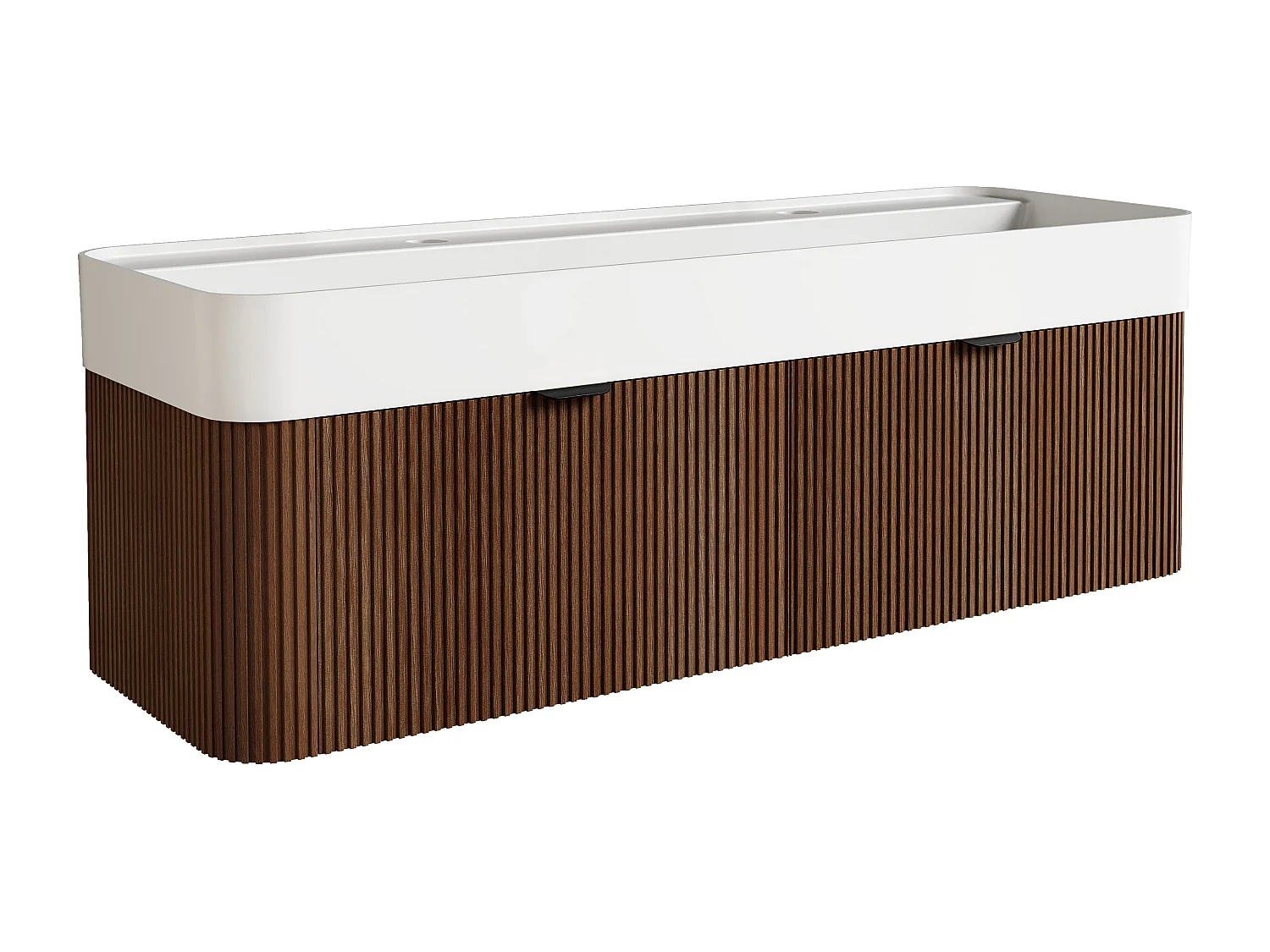 Meuble de salle de bain suspendu strié en bois de frêne avec double vasque à encastrer en résine blanc mat - Naturel foncé - 120 cm - BULMAS