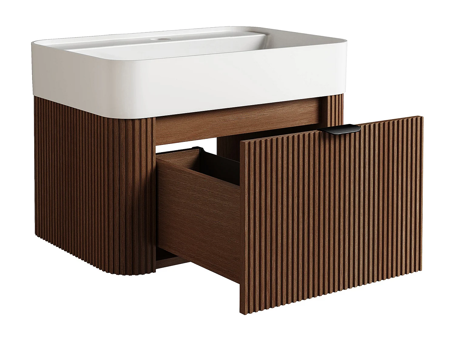 Mobile bagno sospeso scanalato in legno di frassino con lavabo da incasso in resina bianco opaco - Naturale scuro - 60 cm - BULMAS