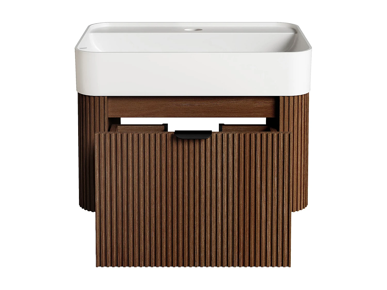 Mobile bagno sospeso scanalato in legno di frassino con lavabo da incasso in resina bianco opaco - Naturale scuro - 60 cm - BULMAS