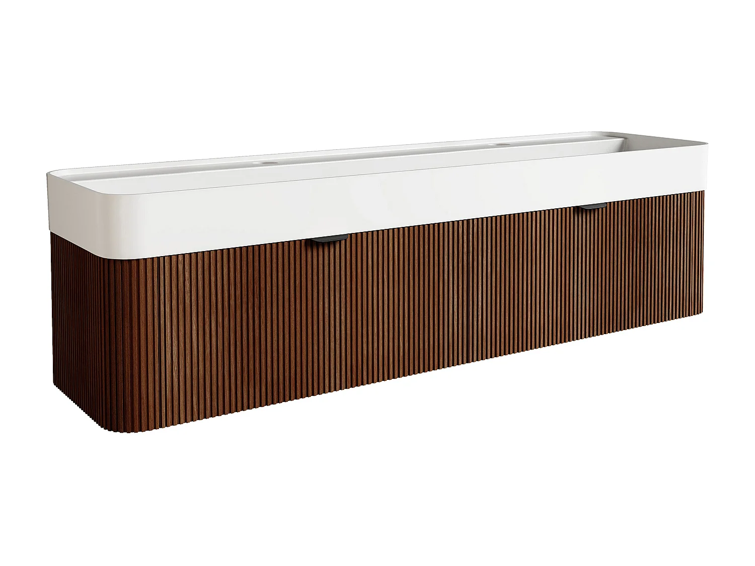 Meuble de salle de bain suspendu strié en bois de frêne avec double vasque à encastrer - Naturel foncé - 150 cm - BULMAS
