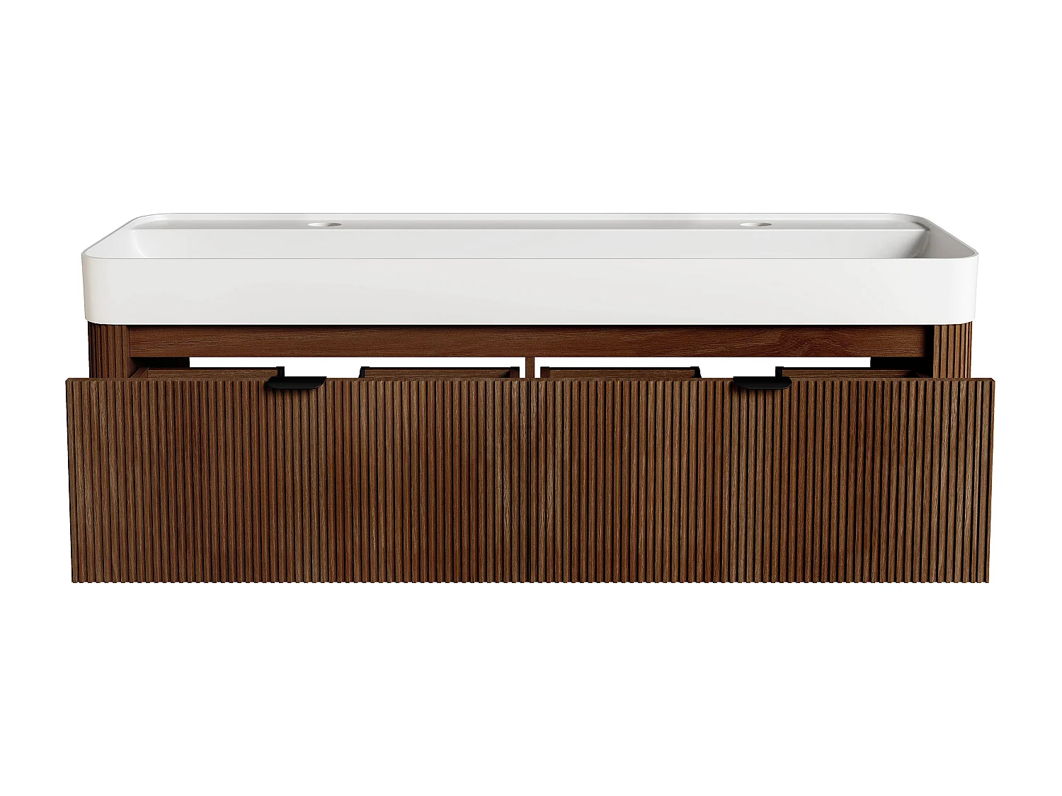 Meuble de salle de bain suspendu strié en bois de frêne avec double vasque à encastrer - Naturel foncé - 150 cm - BULMAS