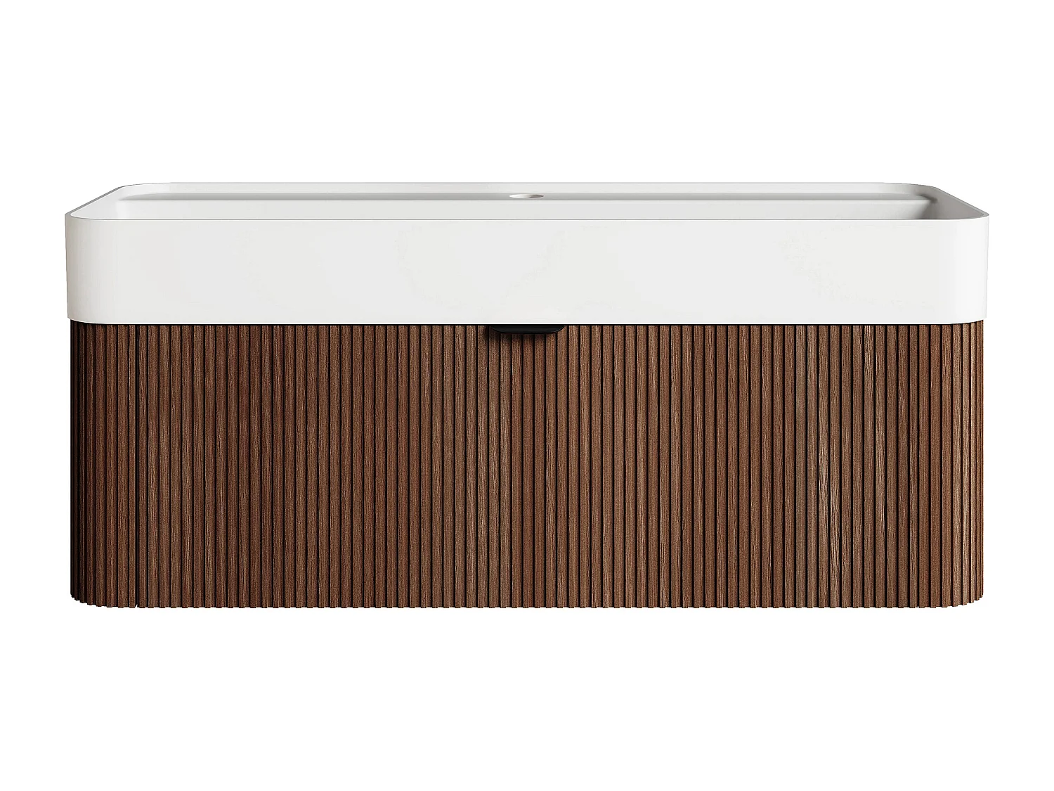 Meuble de salle de bain suspendu strié en bois de frêne avec vasque à encastrer en résine blanc mat - Naturel foncé - 100 cm - BULMAS