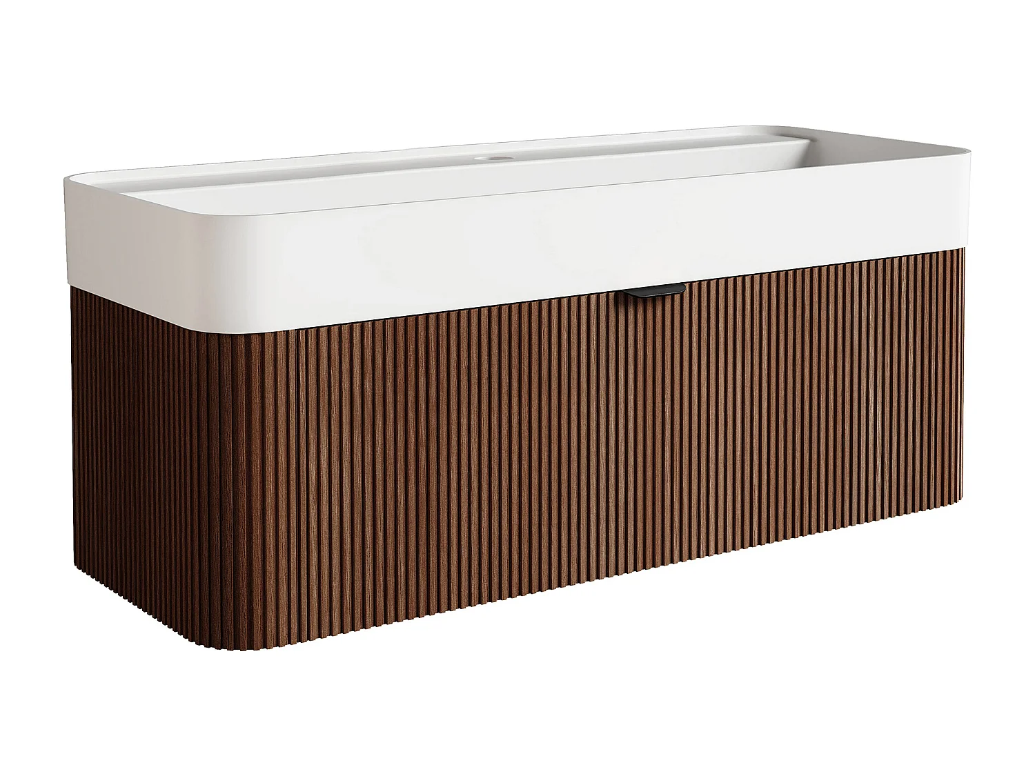 Meuble de salle de bain suspendu strié en bois de frêne avec vasque à encastrer en résine blanc mat - Naturel foncé - 100 cm - BULMAS