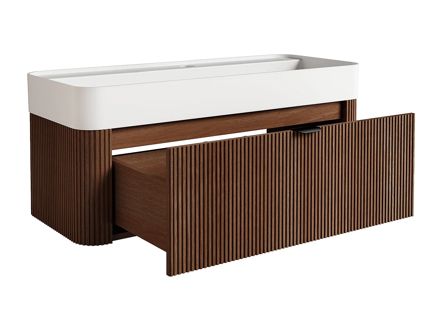 Meuble de salle de bain suspendu strié en bois de frêne avec vasque à encastrer en résine blanc mat - Naturel foncé - 100 cm - BULMAS