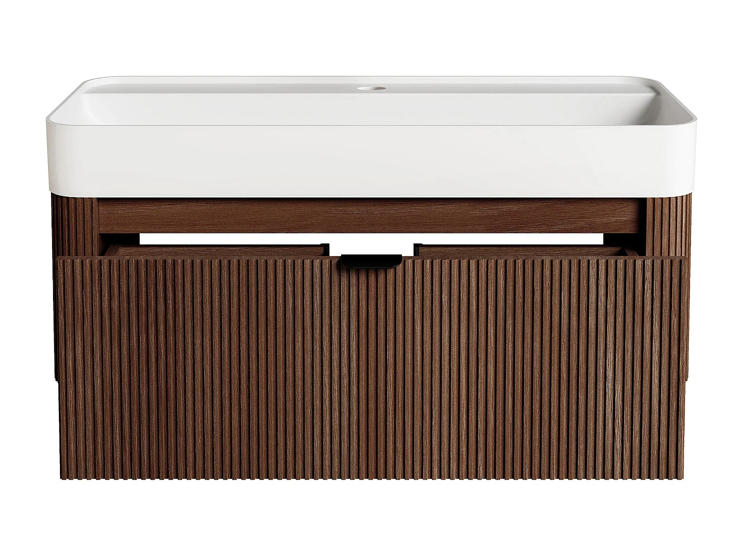Meuble de salle de bain suspendu strié en bois de frêne avec vasque à encastrer en résine blanc mat - Naturel foncé - 100 cm - BULMAS