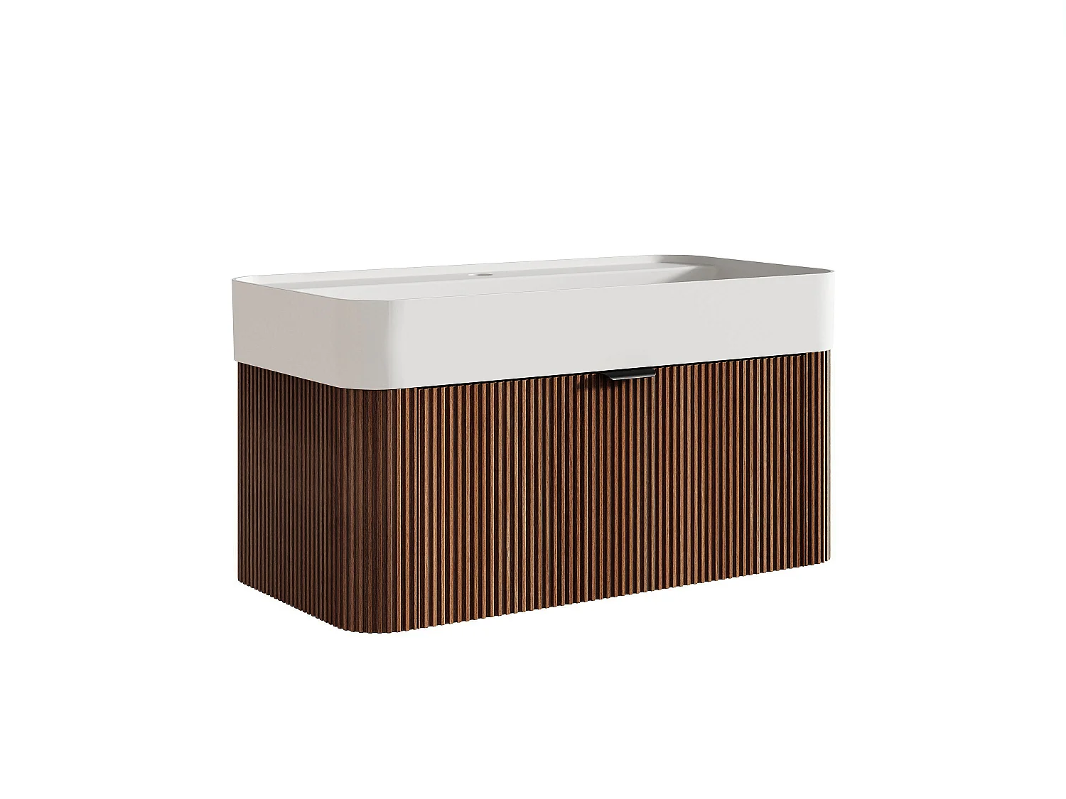 Mobile bagno sospeso scanalato in legno di frassino con lavabo da incasso in resina bianco opaco - Naturale scuro - 80 cm - BULMAS