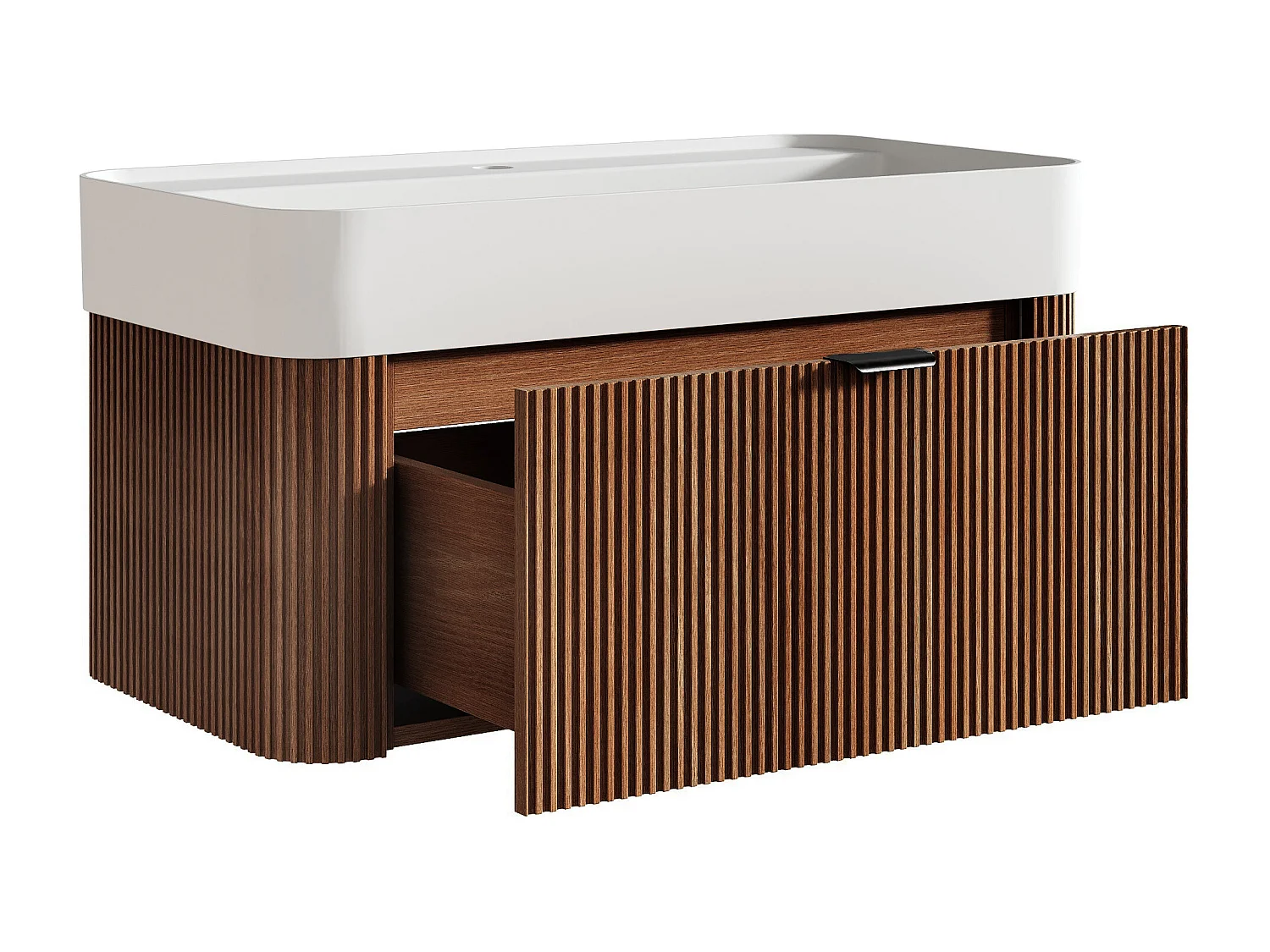 Mobile bagno sospeso scanalato in legno di frassino con lavabo da incasso in resina bianco opaco - Naturale scuro - 80 cm - BULMAS