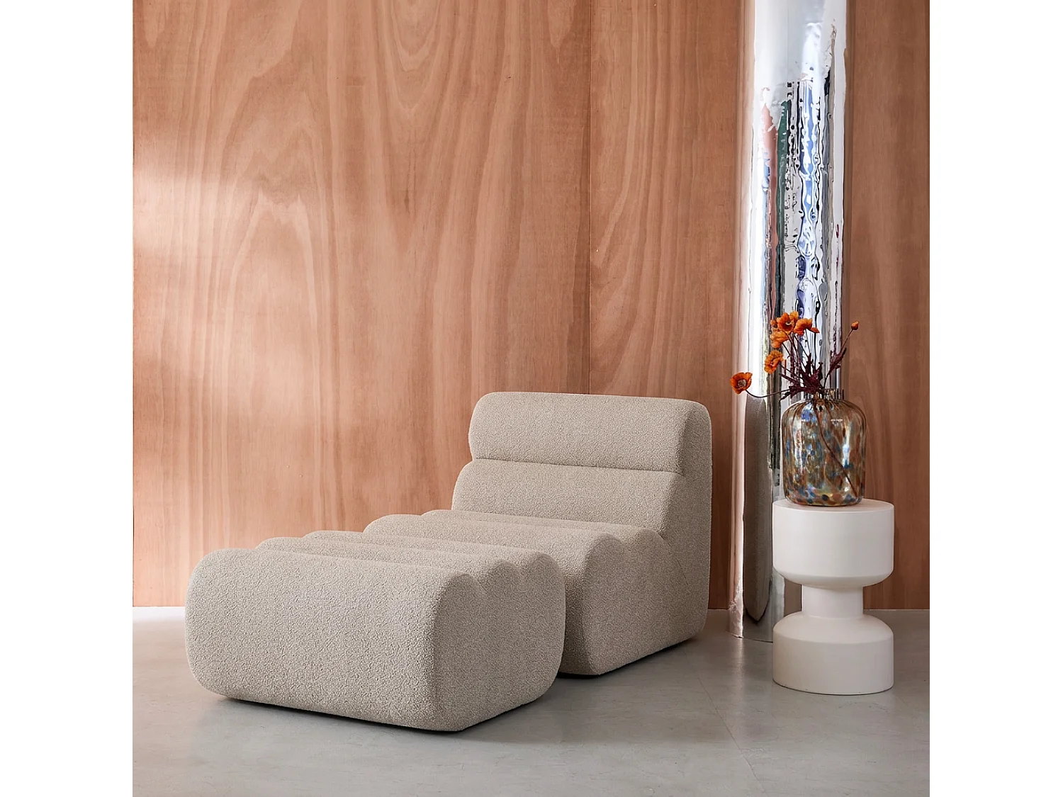 Chauffeuse bouclette texturée 1 place avec repose pieds beige - Nova