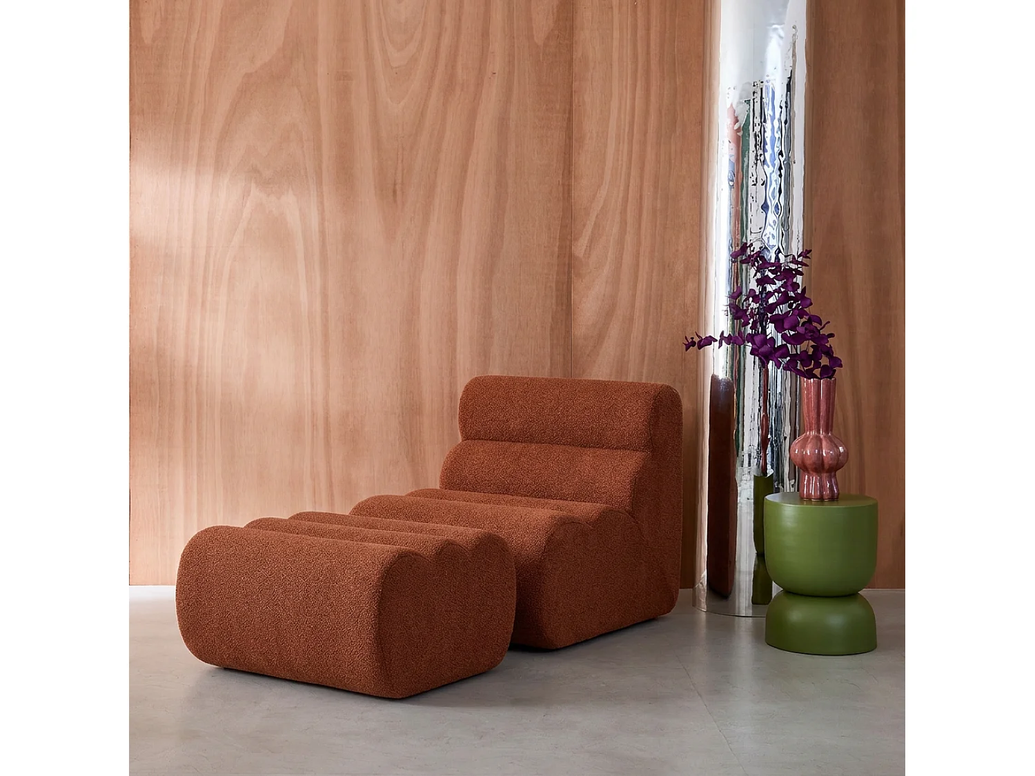 Chauffeuse bouclette texturée 1 place avec repose pieds terracotta - Nova
