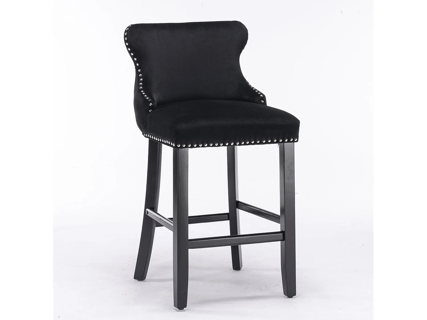 Set of 2 Modern Velvet Tufted Wing Back Wooden Leg Bar Stools - Black