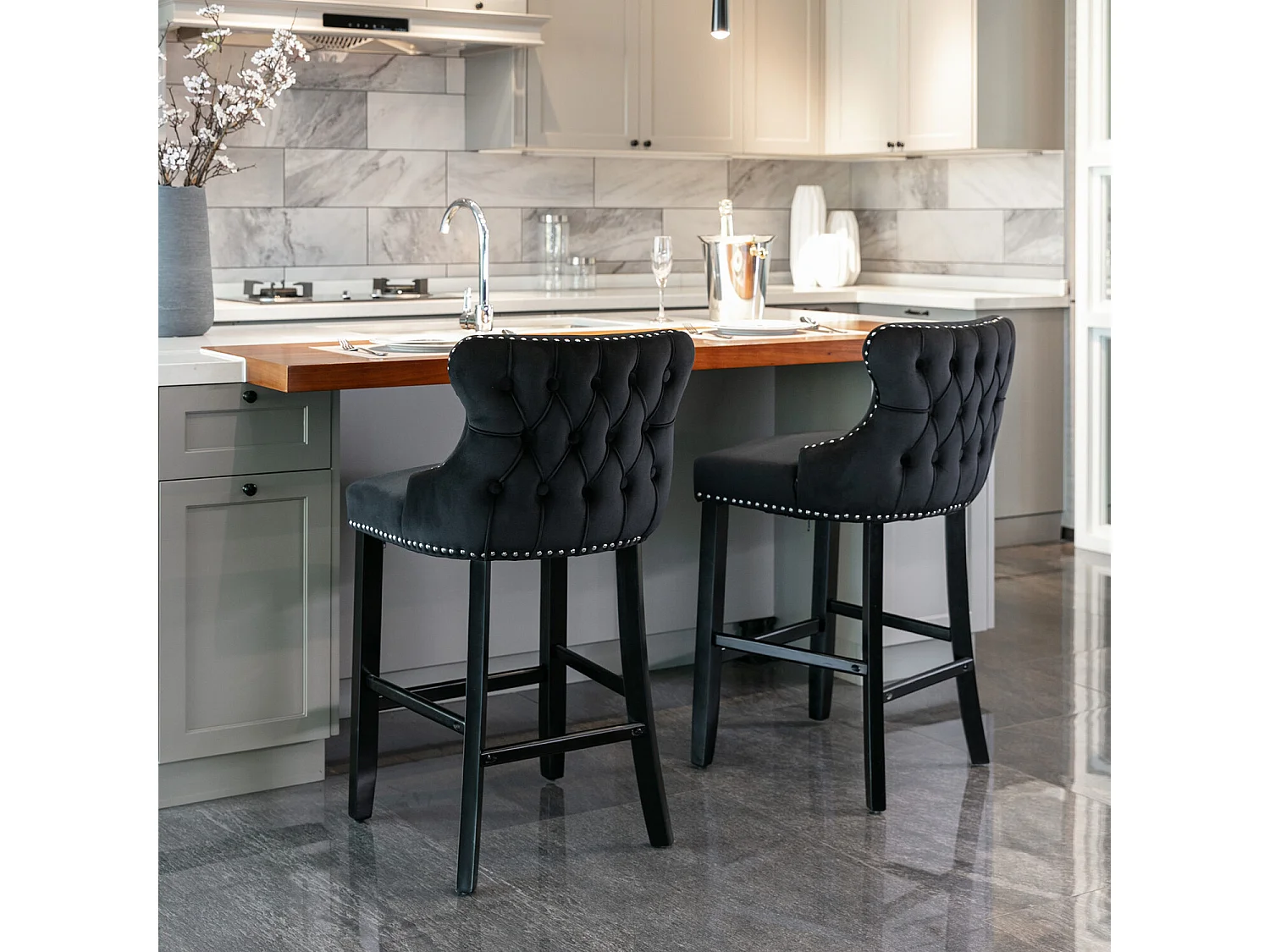 Set of 2 Modern Velvet Tufted Wing Back Wooden Leg Bar Stools - Black