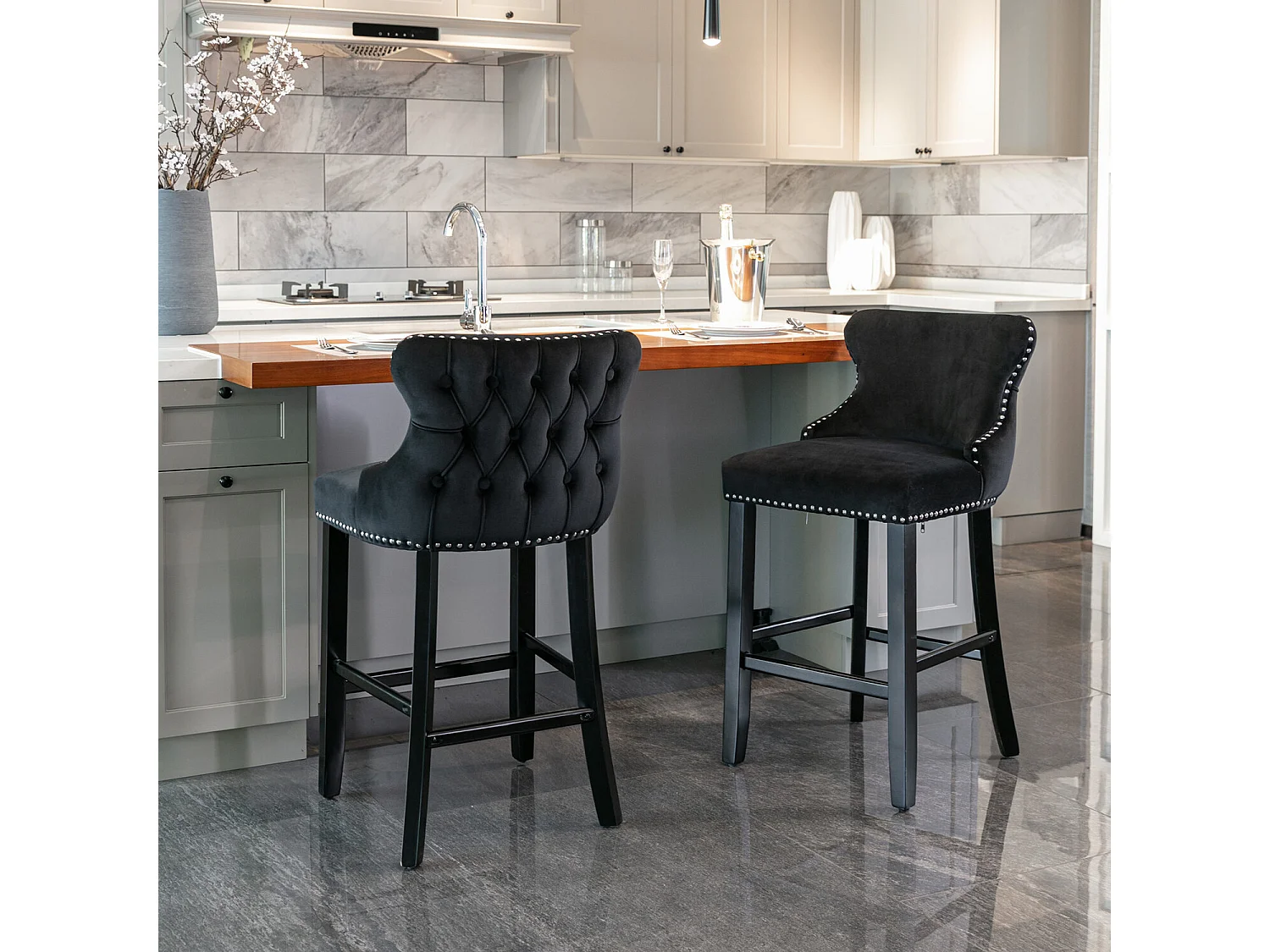 Set of 2 Modern Velvet Tufted Wing Back Wooden Leg Bar Stools - Black