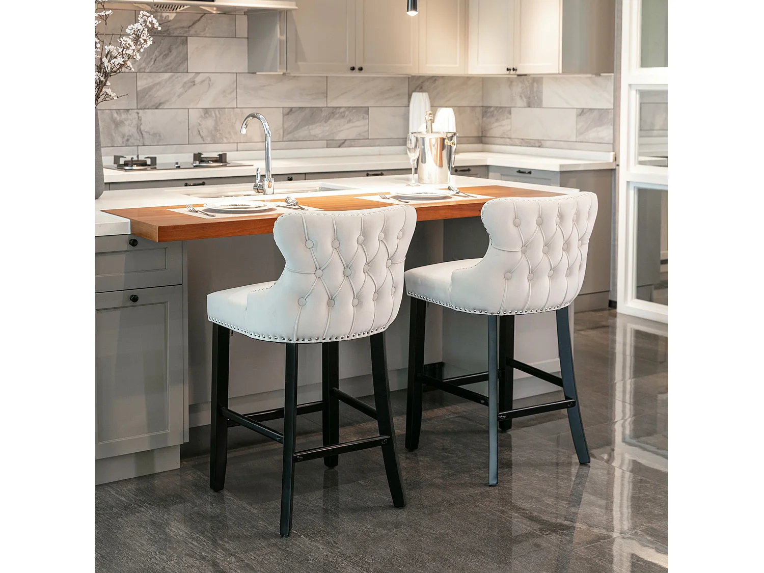 Set of 2 Wing Back Bar Stools with Velvet Upholstery and Oak Wood Legs