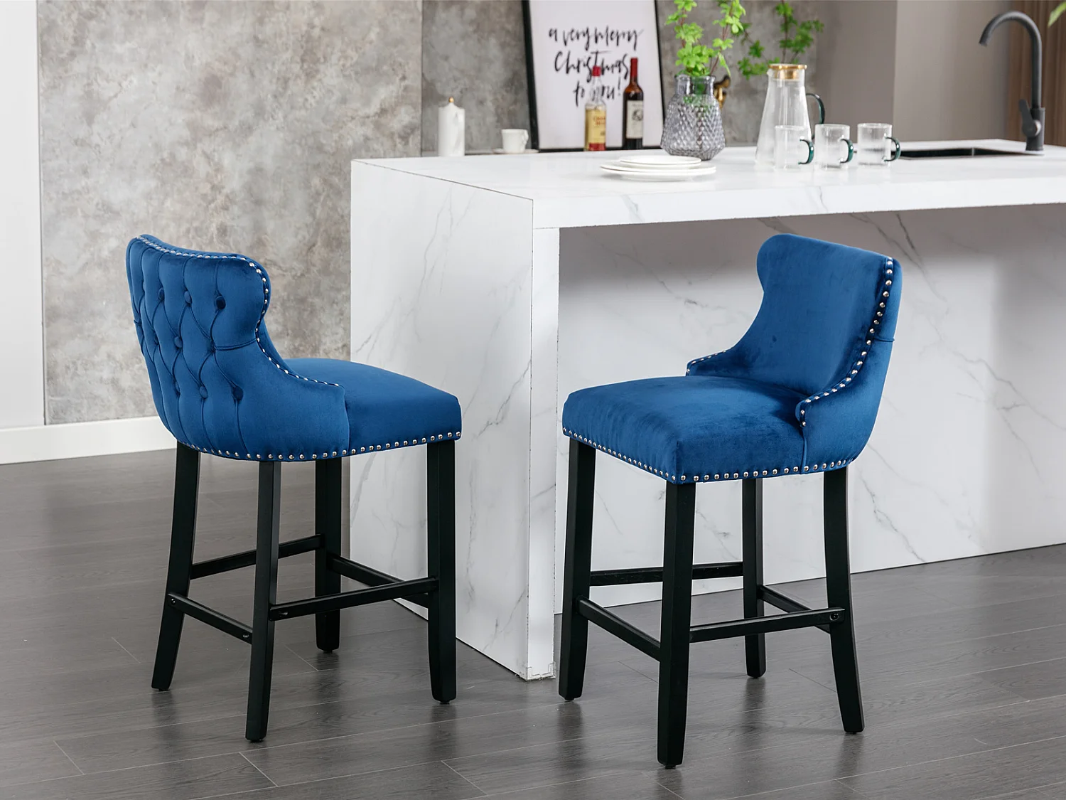 Set of 2 Wing Back Bar Stools with Velvet Upholstery and Oak Wood Legs