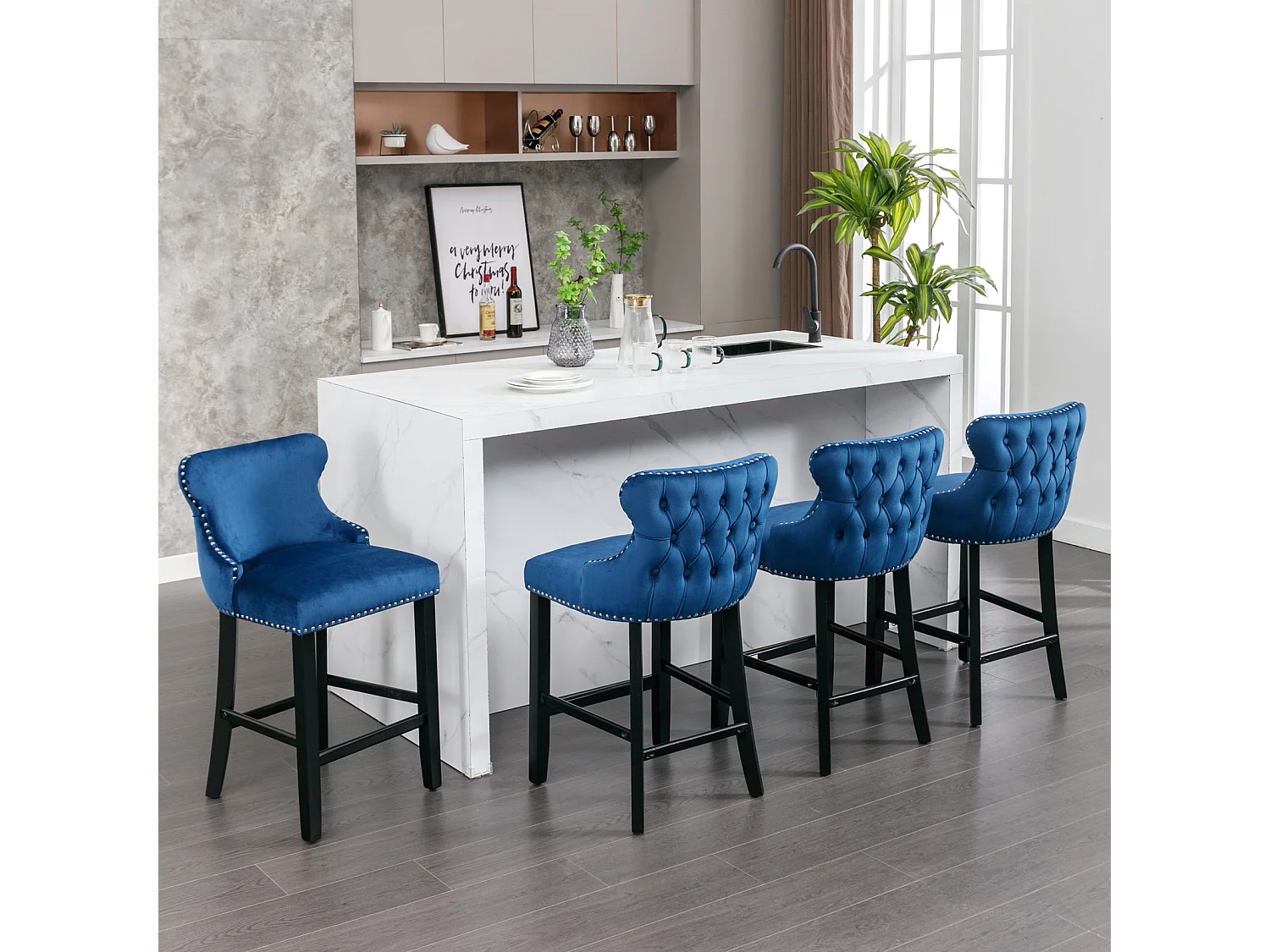 Set of 2 Wing Back Bar Stools with Velvet Upholstery and Oak Wood Legs