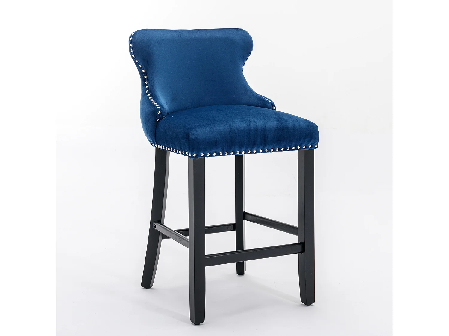 Set of 2 Wing Back Bar Stools with Velvet Upholstery and Oak Wood Legs