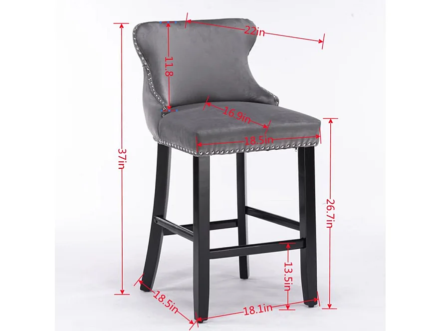 Set of 2 Wing Back Bar Stools with Velvet Upholstery and Oak Wood Legs