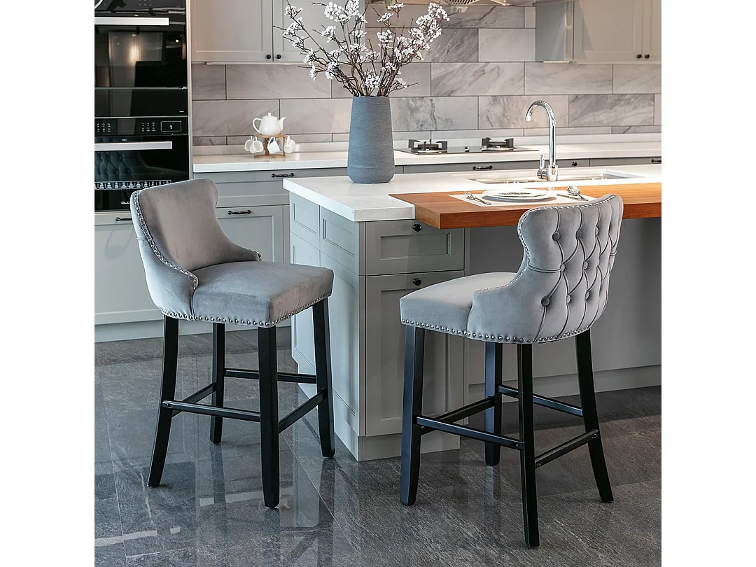 Set of 2 Wing Back Bar Stools with Velvet Upholstery and Oak Wood Legs