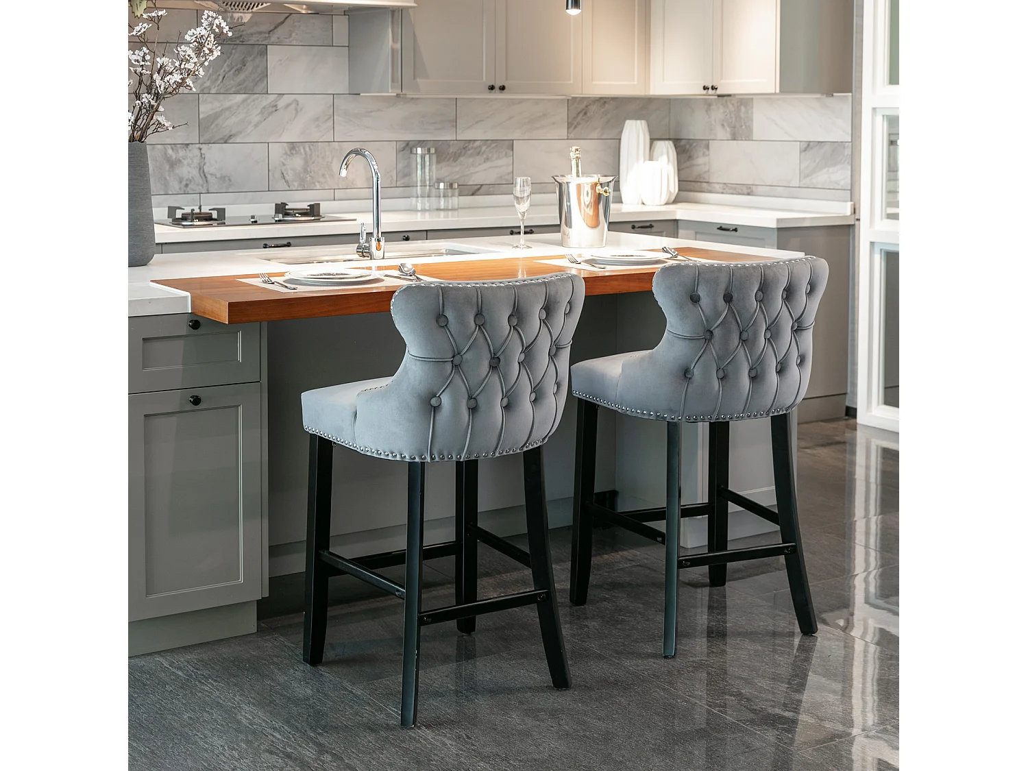 Set of 2 Wing Back Bar Stools with Velvet Upholstery and Oak Wood Legs