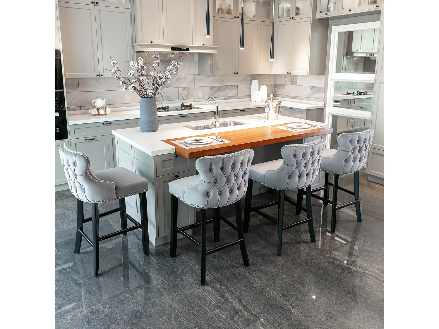 Set of 2 Wing Back Bar Stools with Velvet Upholstery and Oak Wood Legs