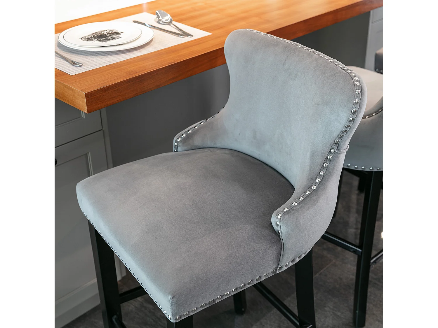 Set of 2 Wing Back Bar Stools with Velvet Upholstery and Oak Wood Legs