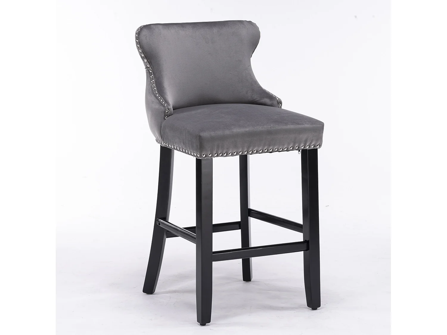 Set of 2 Wing Back Bar Stools with Velvet Upholstery and Oak Wood Legs