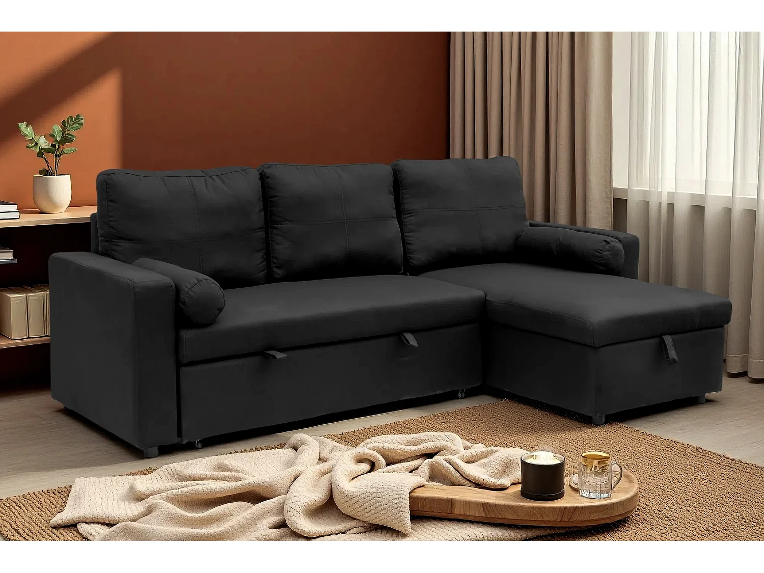 Manhattan 3 Seat Corner Sofa Bed Set - Left or Right - Black