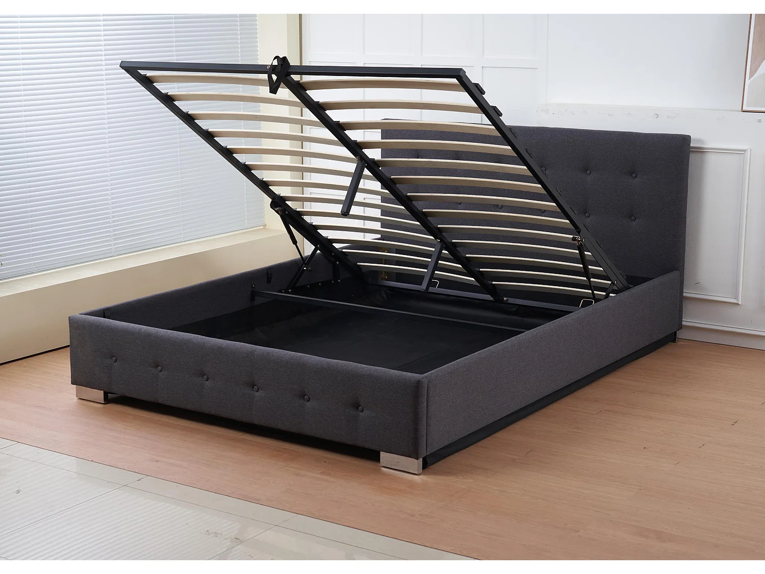 The Oslo Charcoal Linen Tufted Ottoman Bed Frame - King