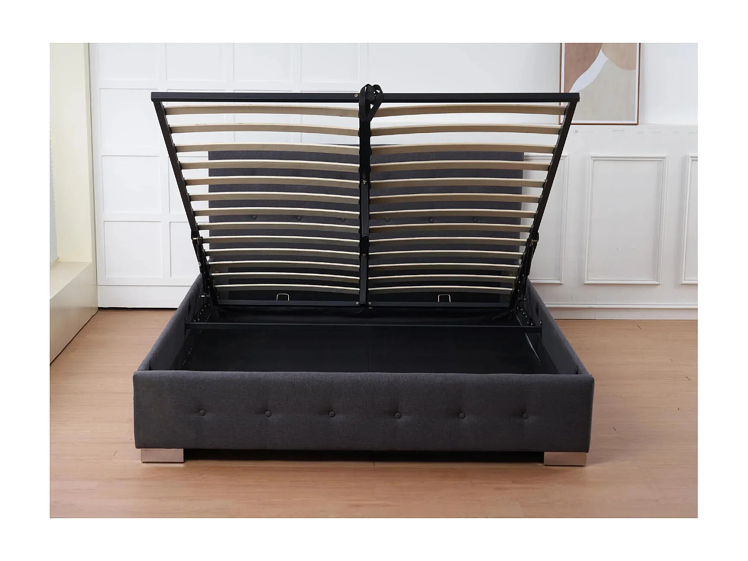 The Oslo Charcoal Linen Tufted Ottoman Bed Frame - King