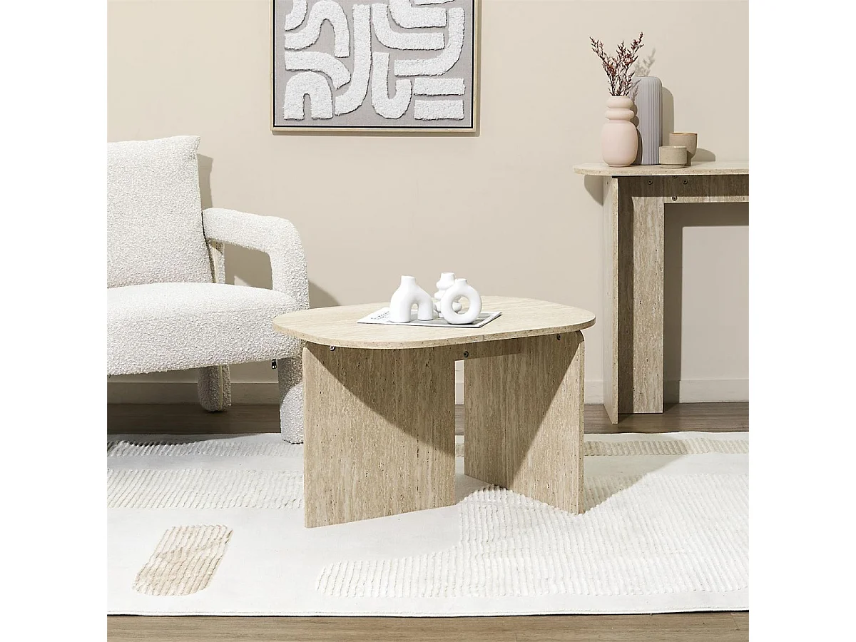 Table basse ovale plateau et piétements en MDF aspect travertin - VERTINA