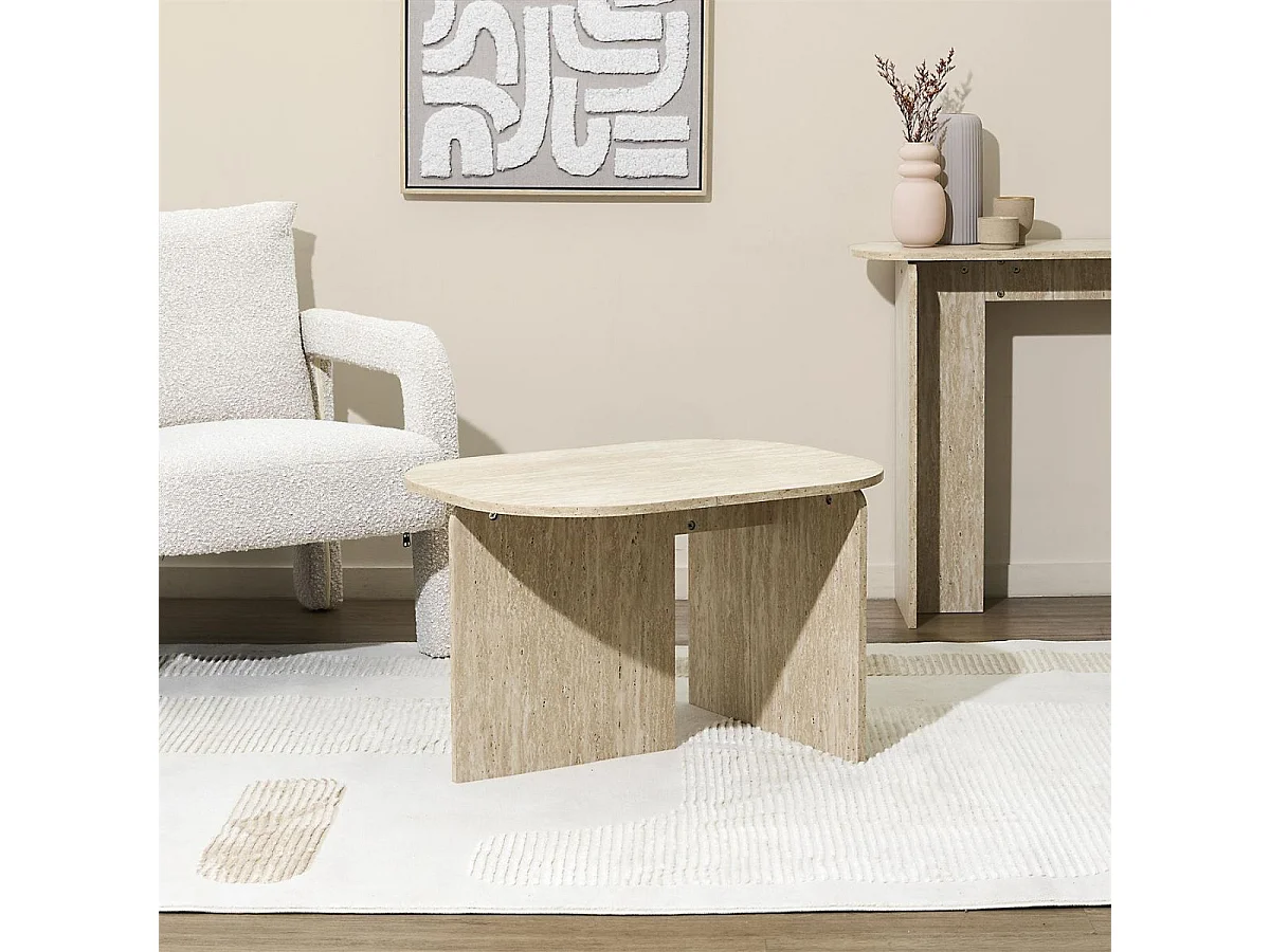 Table basse ovale plateau et piétements en MDF aspect travertin - VERTINA