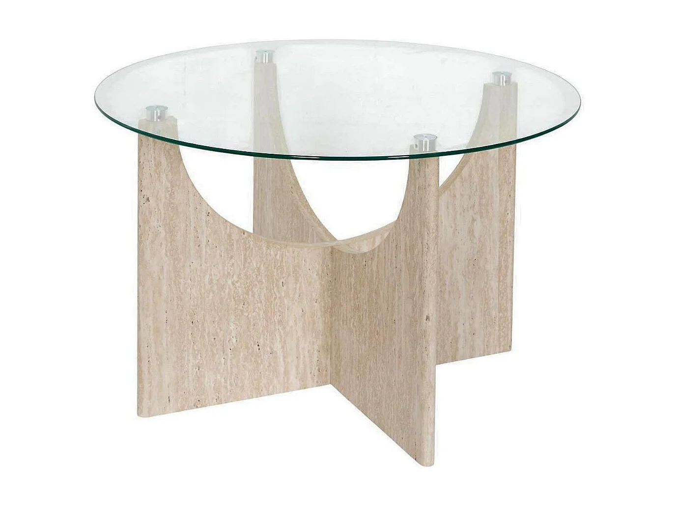 Table basse Ø70cm plateau verre et piétement en MDF aspect travertin - VERTINA