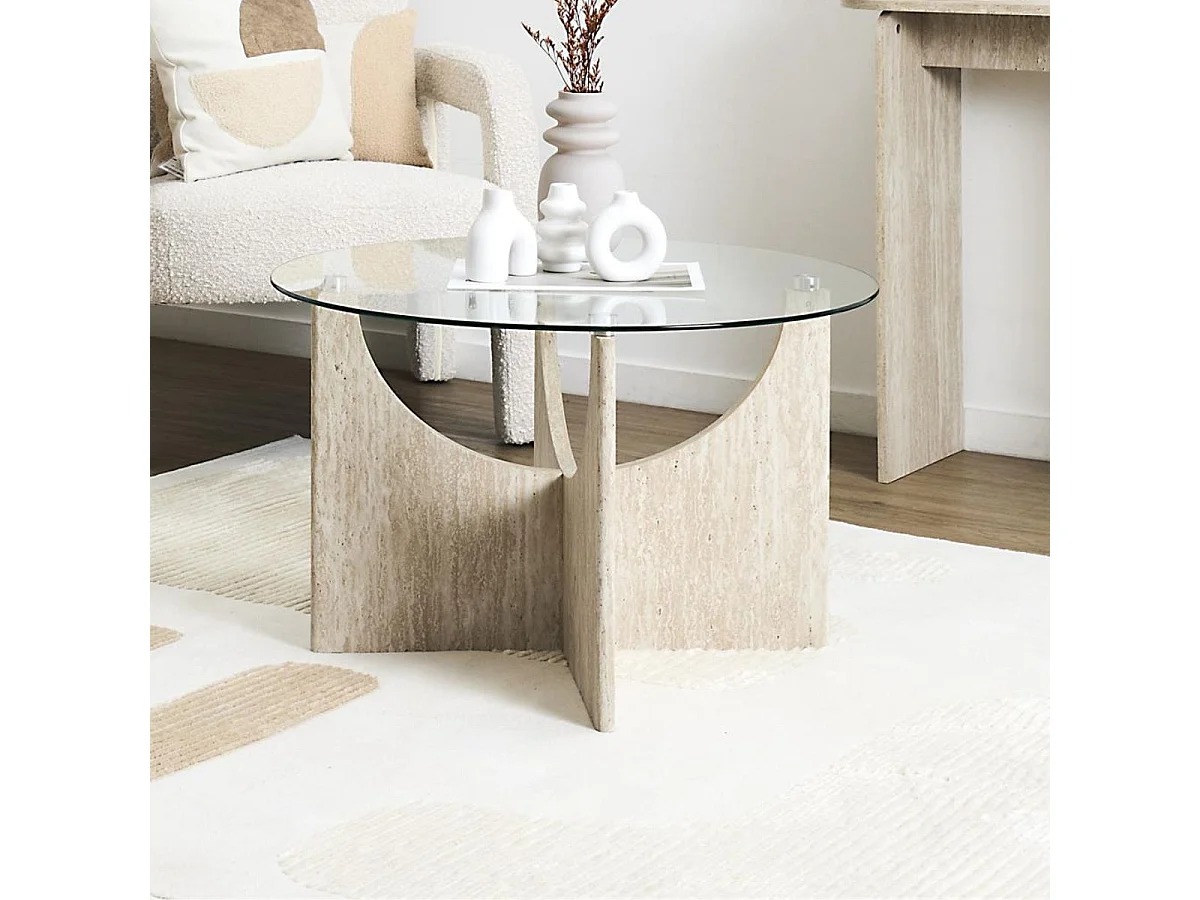 Table basse Ø70cm plateau verre et piétement en MDF aspect travertin - VERTINA
