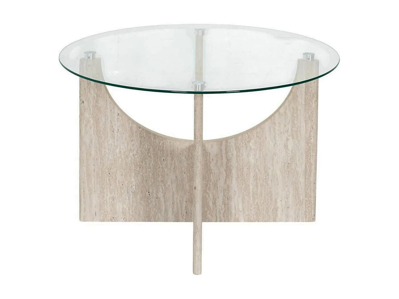 Table basse Ø70cm plateau verre et piétement en MDF aspect travertin - VERTINA