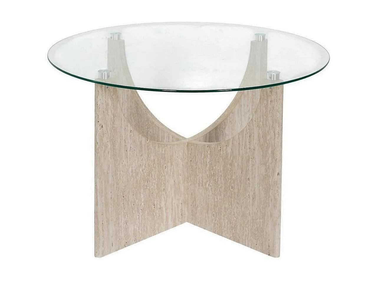 Table basse Ø70cm plateau verre et piétement en MDF aspect travertin - VERTINA