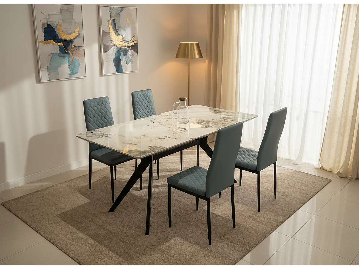 San Diego Marble Top Dining Table with Emily Leather Chairs - Grey