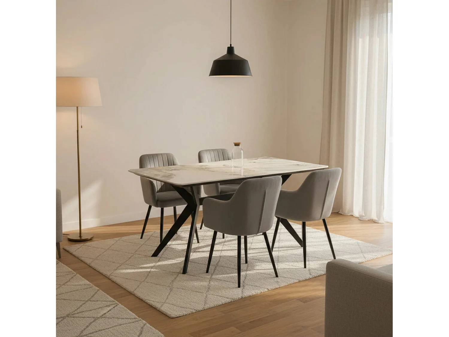 San Diego Marble Top Dining Table with Charlotte Velvet Chairs - Grey