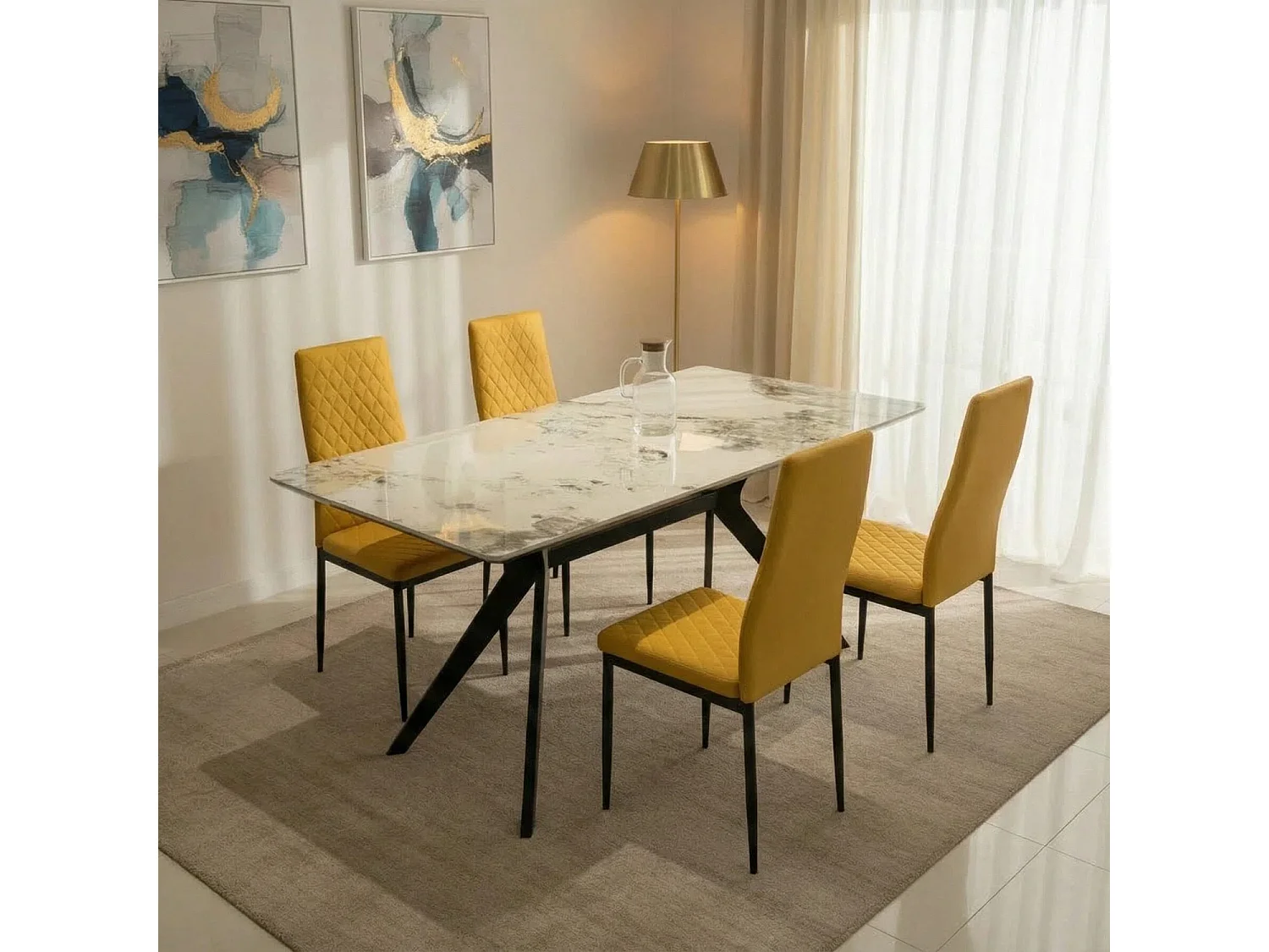 San Diego Marble Top Dining Table with Emily Leather Chairs - Mustard