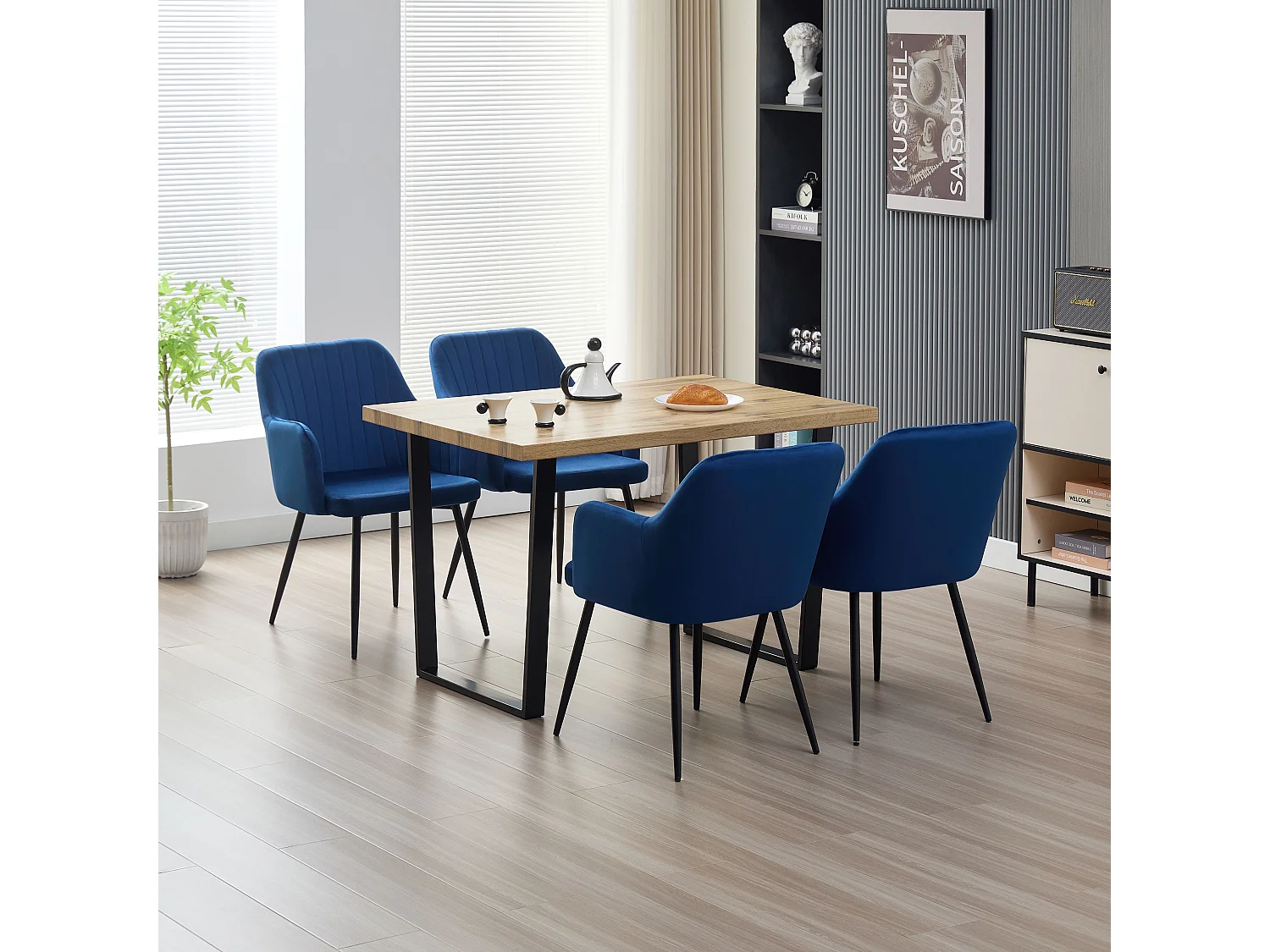 Colorado Dining Table with 4 Charlotte Velvet Chairs - Blue