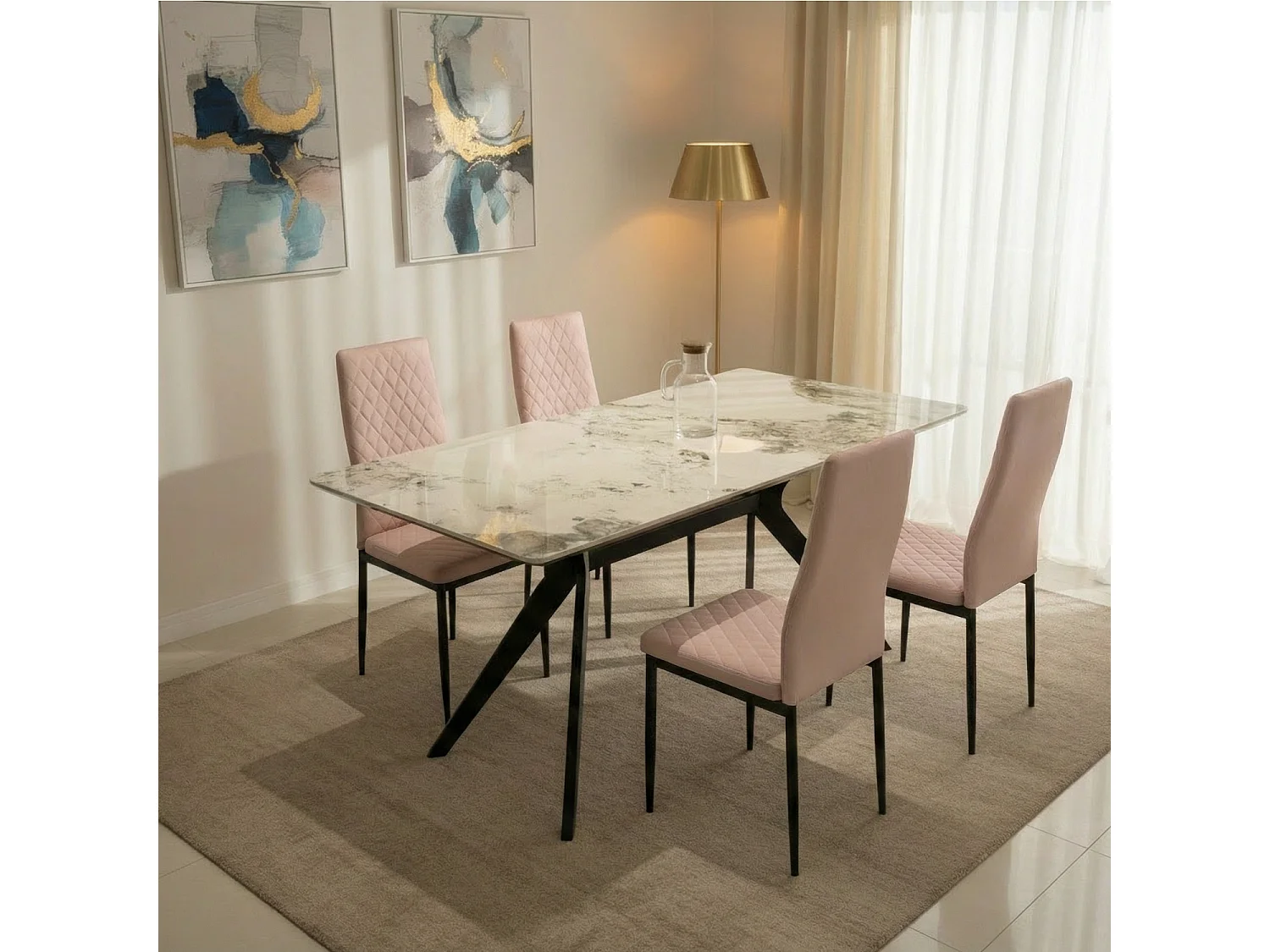 San Diego Marble Top Dining Table with Emily Leather Chairs - Champagne