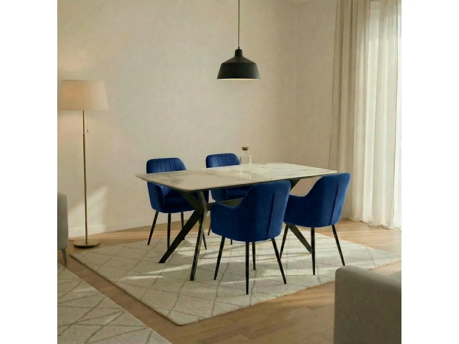 San Diego Marble Top Dining Table with Charlotte Velvet Chairs - Blue