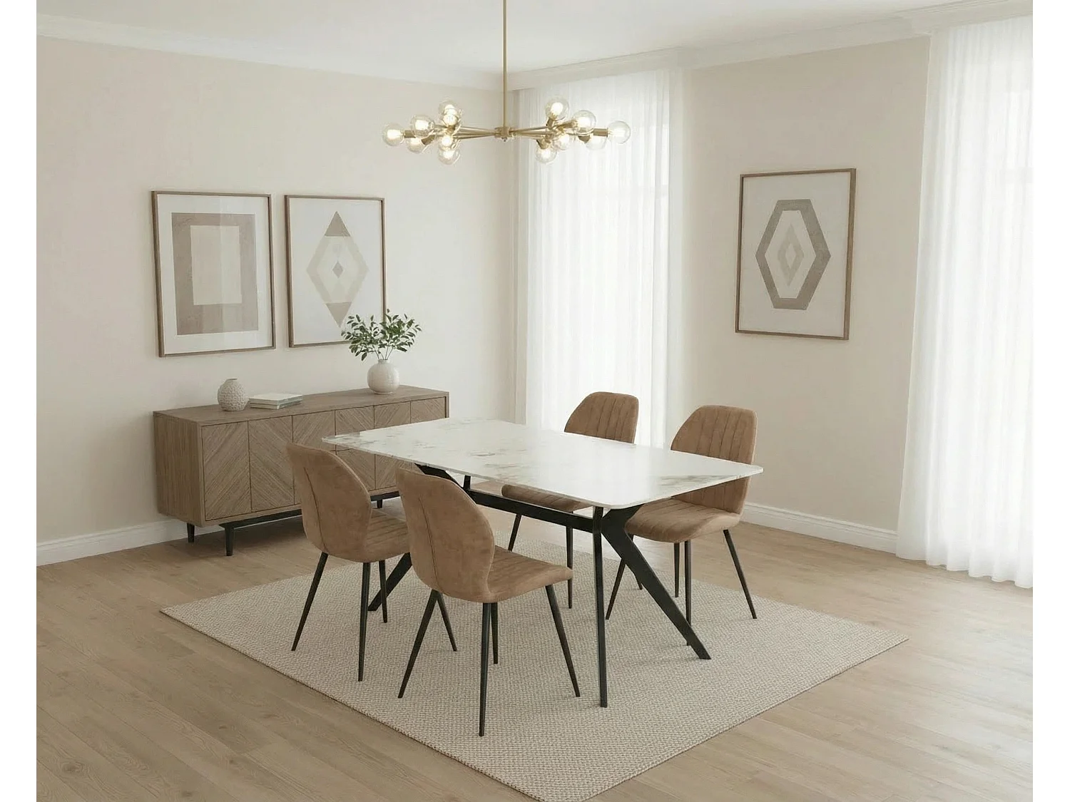 San Diego Marble Top Dining Table with Jaydn Leather Chairs - Tan