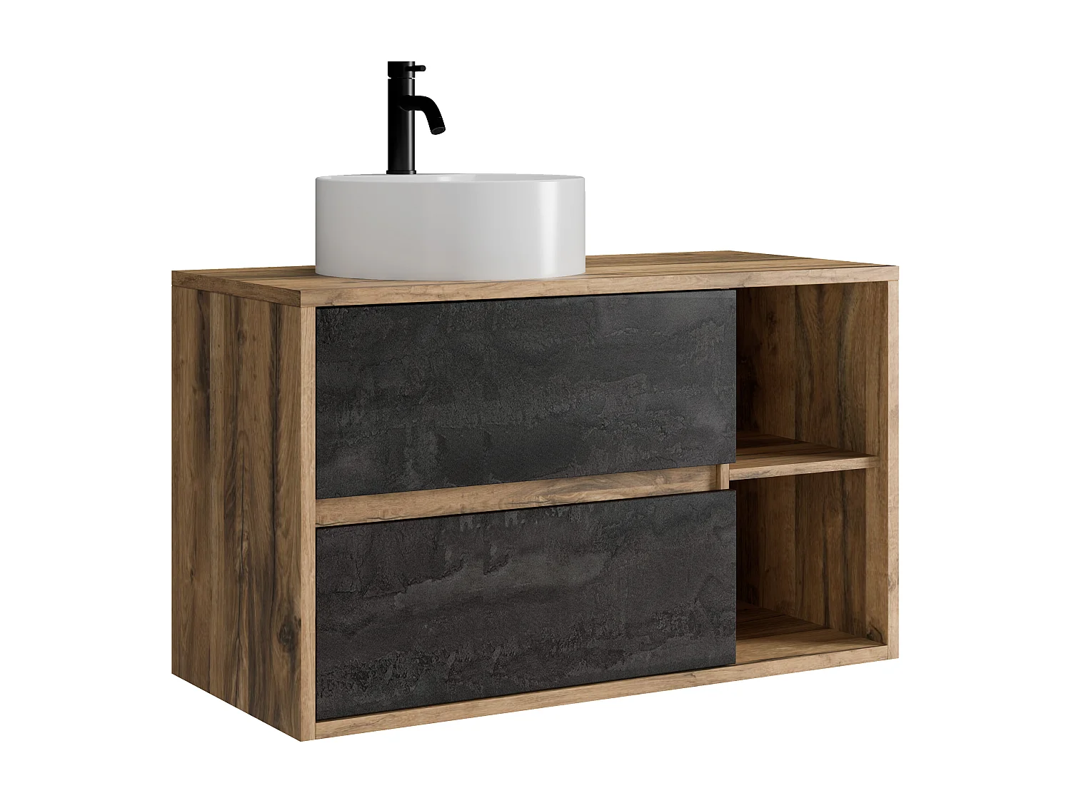 Meuble de salle de bain suspendu avec vasque ronde et robinet - Coloris naturel et anthracite - 100 cm - TIKITIKI