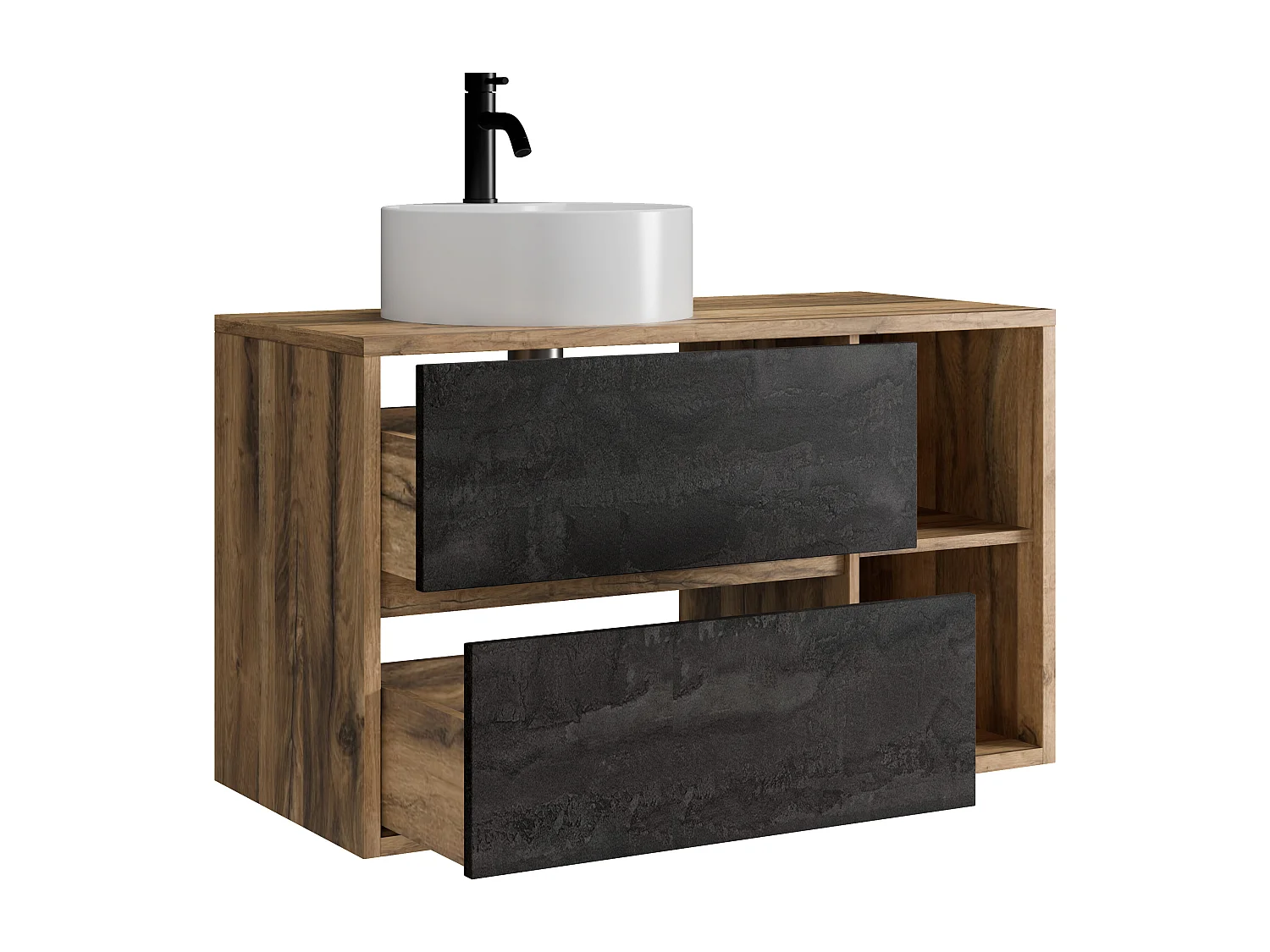 Meuble de salle de bain suspendu avec vasque ronde et robinet - Coloris naturel et anthracite - 100 cm - TIKITIKI