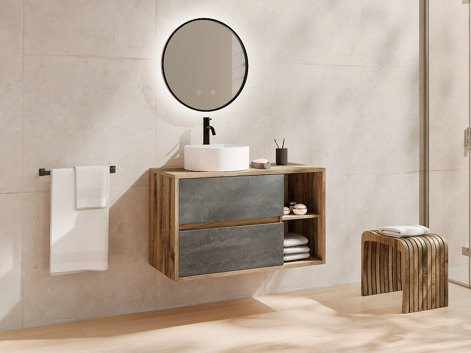 Meuble de salle de bain suspendu avec vasque ronde et robinet - Coloris naturel et anthracite - 100 cm - TIKITIKI