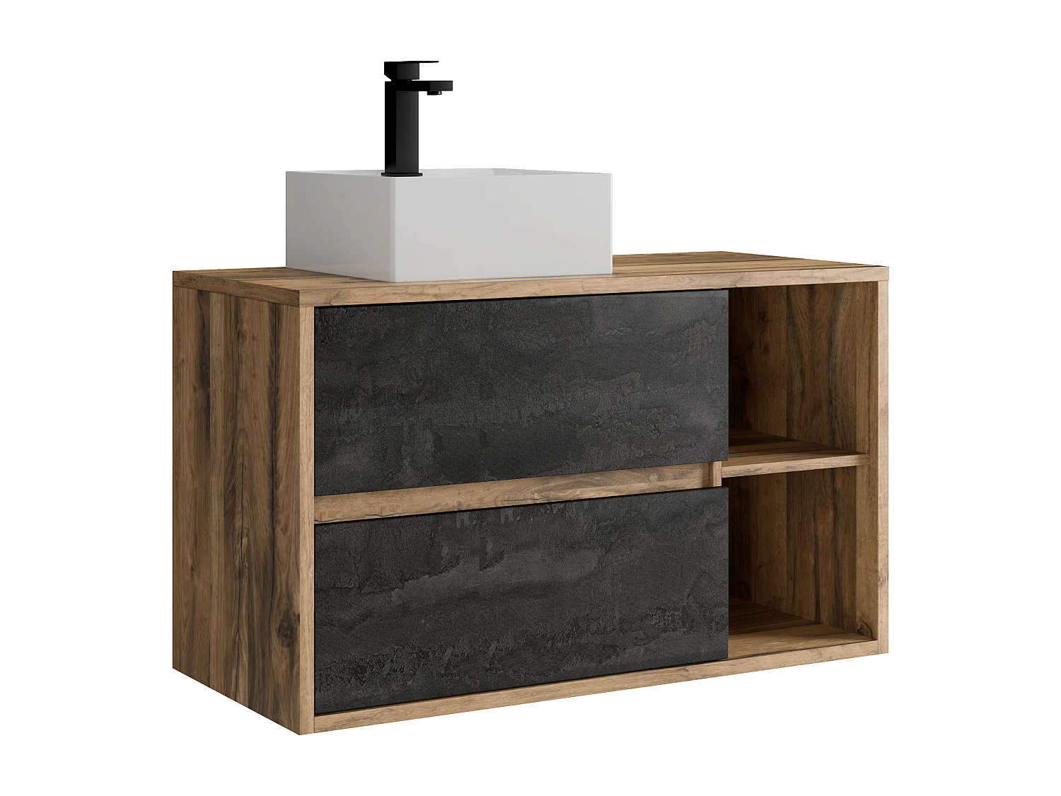 Meuble de salle de bain suspendu avec vasque carrée et robinet - Coloris naturel et anthracite - 100 cm - TIKITIKI